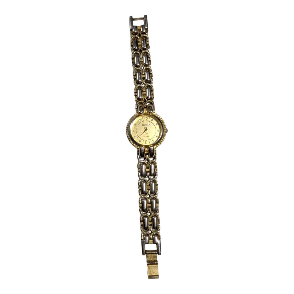 Vtg 1990s Becora Two Tone Gold Silver Bracelet Link Rhinestone Dial Dress Watch
